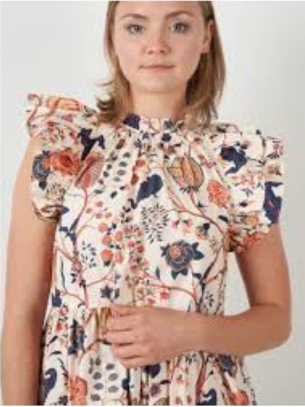 Joie White Floral Split-Neck Blouse with Navy & Rust Accents
